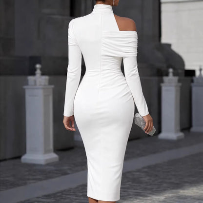 Solid-color Long-sleeve High-neck Pleated Asymmetrical Dress