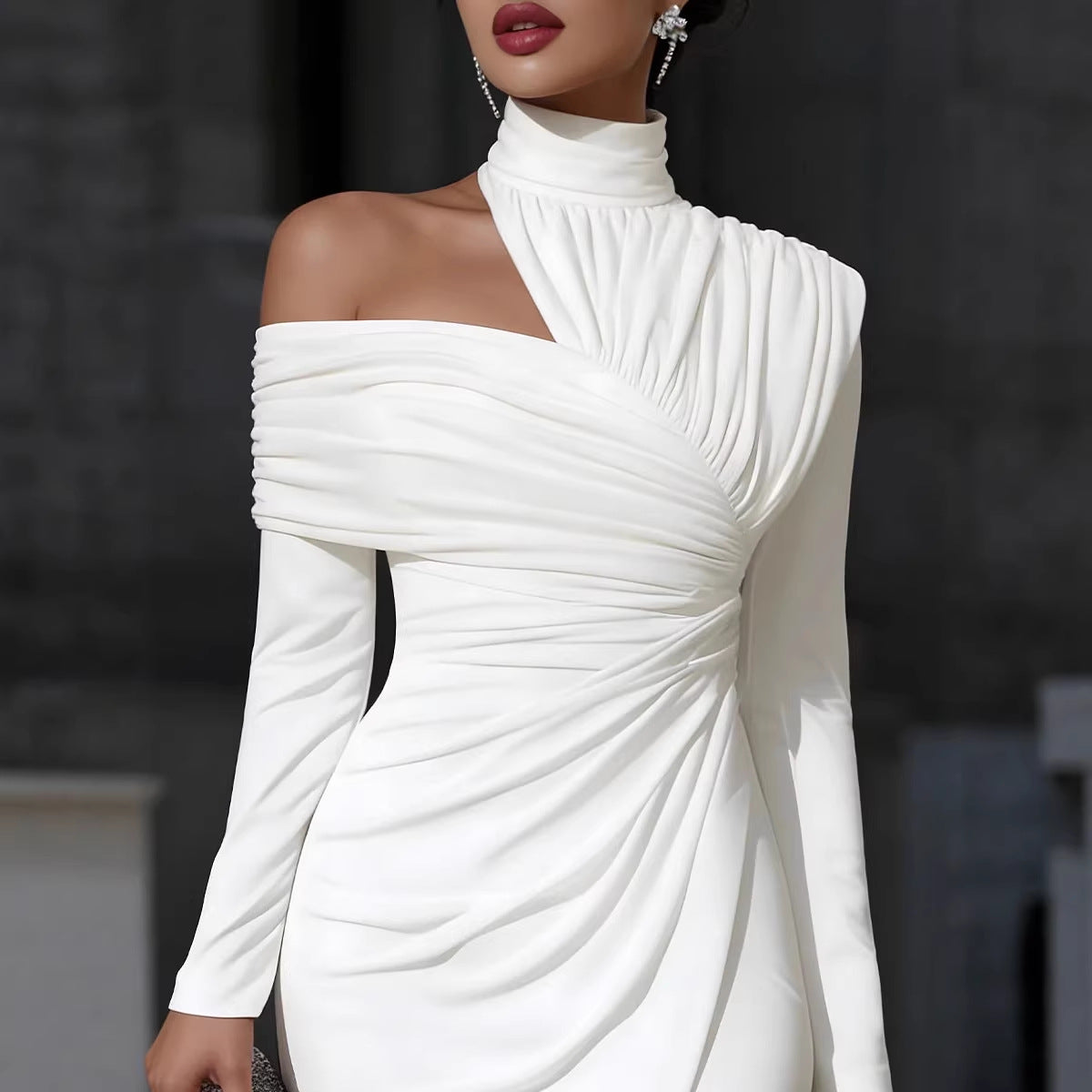 Solid-color Long-sleeve High-neck Pleated Asymmetrical Dress