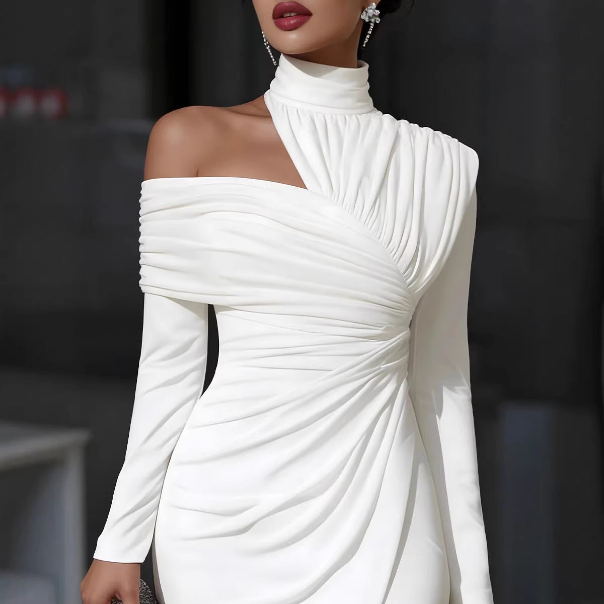 Solid-color Long-sleeve High-neck Pleated Asymmetrical Dress