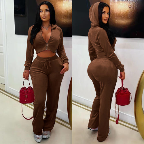 Hooded Midriff-baring Wide-leg Two-piece Set